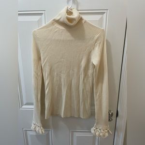 SEA Ribbed Wool Blend Turtleneck With Crochet Flared Sleeve In White (Size L)